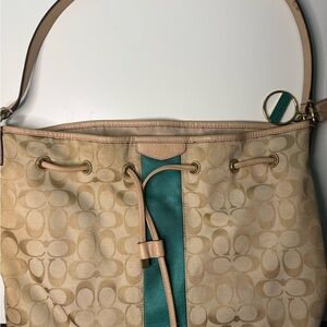 Coach Tan and Green Shoulder Bag with Monogram